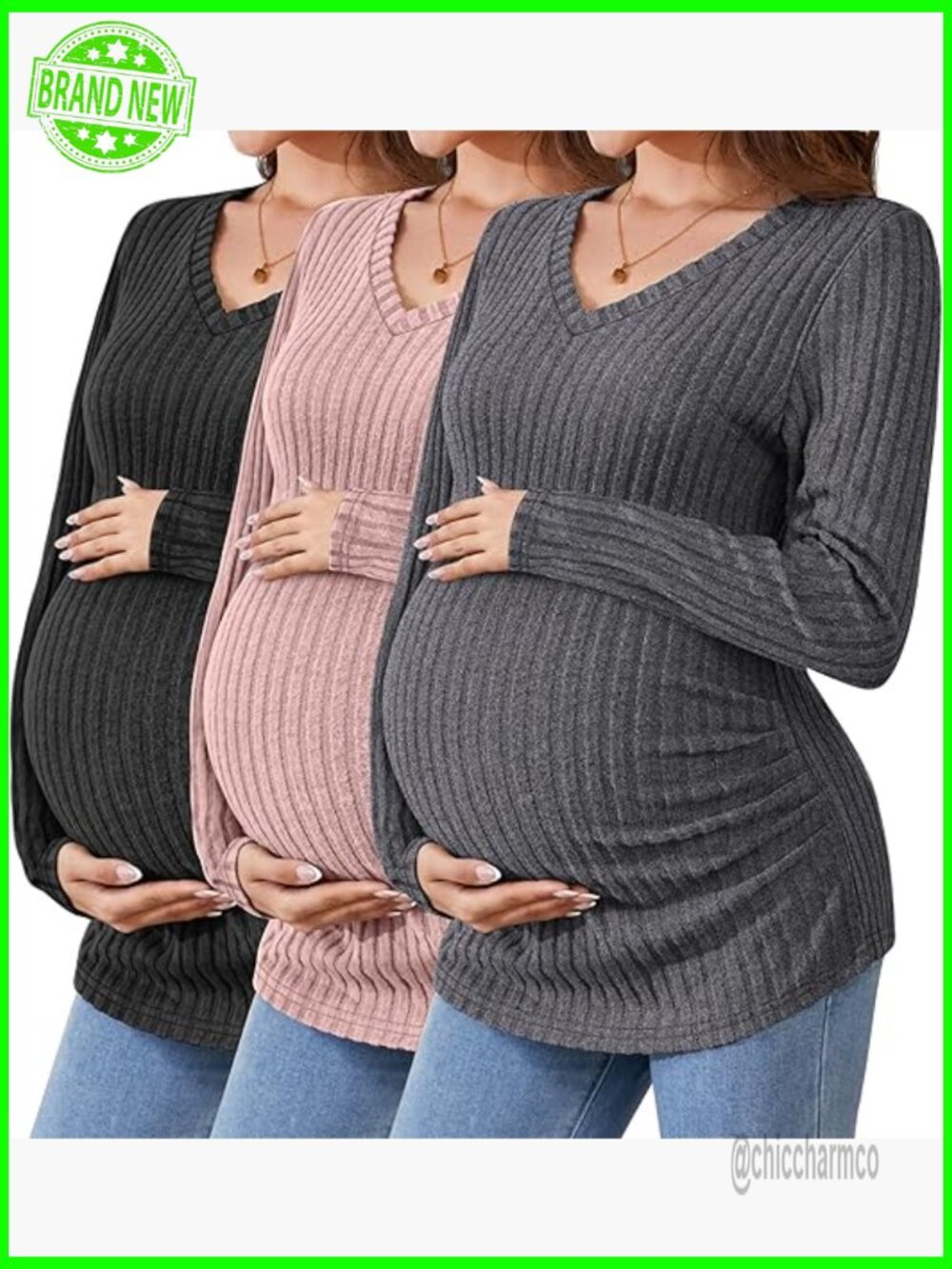 Maternity Ribbed Long Sleeve V Neck Side Ruched Tops 3 Pack